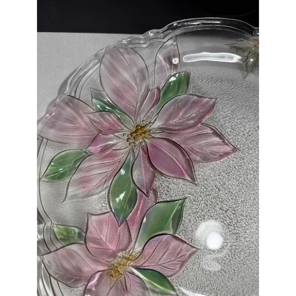 Mikasa Holiday Poinsettia Glass Platter Christmas Serving Plate Textured Floral